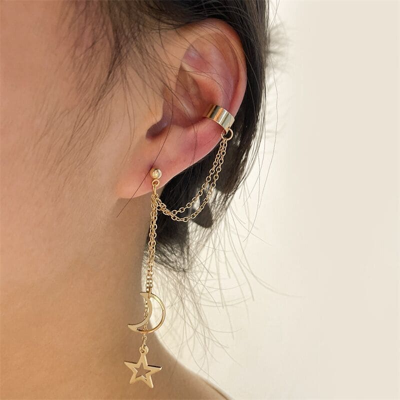 Star Moon Cuff Earring, Long Chain Earring for Women, Moon Stars Pendant, Stainless Steel Eardrop, Cartilage Long Tassel Ear Cuff, Bohemian Moon Star Clip Earrings for Women Star Moon Cuff Earring, Long Chain Earring for Women, Moon Stars Pendant, Stainless Steel Eardrop, Cartilage Long Tassel Ear Cuff, Bohemian Moon Star Clip Earrings for Women